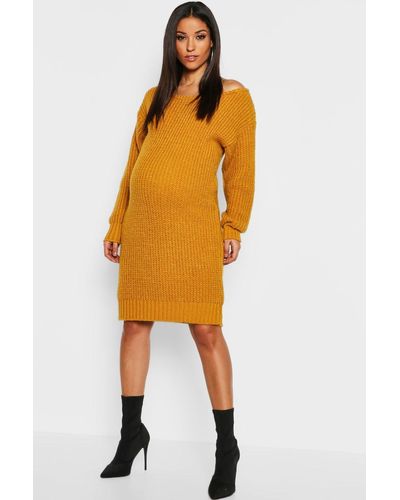 Boohoo Maternity Slit Neck Knitted Sweater Dress in Yellow - Lyst