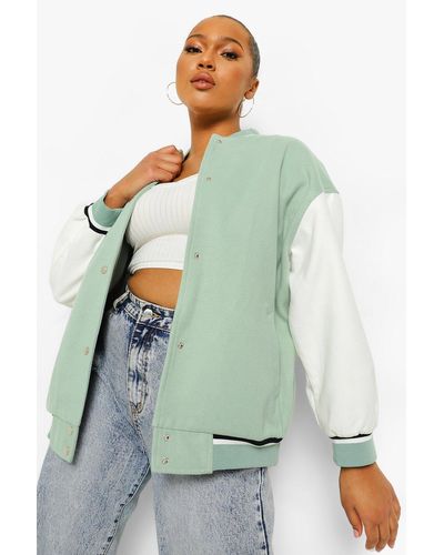 Boohoo Plus Oversized Contrast Sleeve Varsity Jacket in Green - Lyst