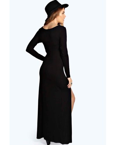 Boohoo Synthetic Ebony Long Sleeve Double Split Maxi Dress in Black - Lyst