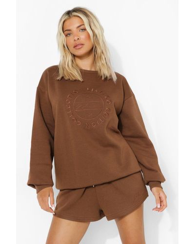 Boohoo Tonal Embroidered Short Tracksuit in Brown - Lyst