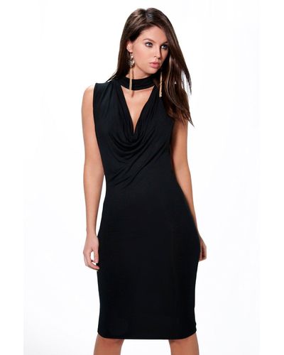 black cowl midi dress