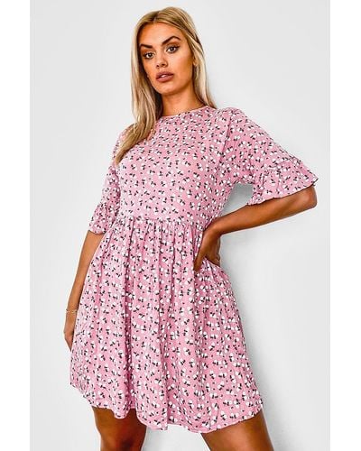 Boohoo Plus Ditsy Floral Smock Dress in Pink - Lyst