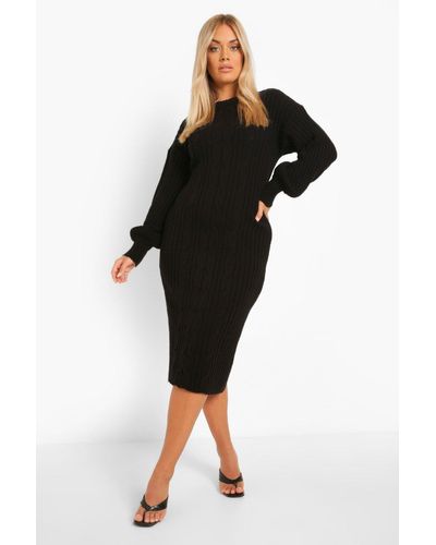 Boohoo Plus Balloon Sleeve Cable Knitted Midi Dress in Black - Lyst