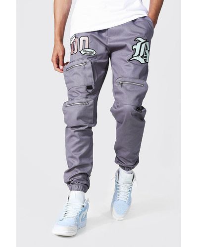 BoohooMAN Denim Tall Front Pocket Varsity Cargo Jogger in Grey (Gray) for Men - Lyst