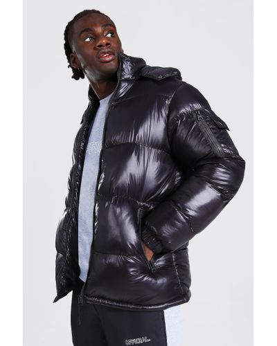 high shine hooded puffer jacket boohooman