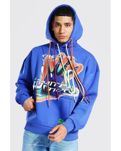BoohooMAN Cotton Oversized Multi Drawcord Printed Hoodie in Blue for ...