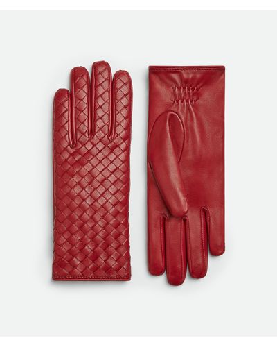 Bottega Veneta Leather Intrecciato Gloves - Red