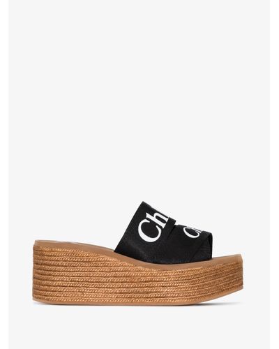 ChloÃ© Leather Woody 70 Logo Wedge Sandals in Brown - Lyst