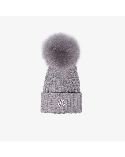 Moncler Grey Wool Beanie Hat With Pom Pom in Gray - Lyst