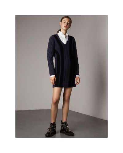 Burberry Cable Knit Wool Cashmere Sweater Dress in Navy (Blue) | Lyst