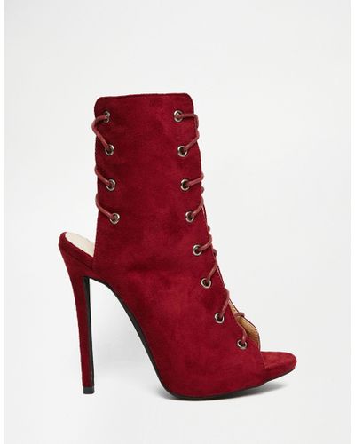 Public Desire Suede Elisa Wine Lace Up Peep Toe Shoe Boots in Red - Lyst