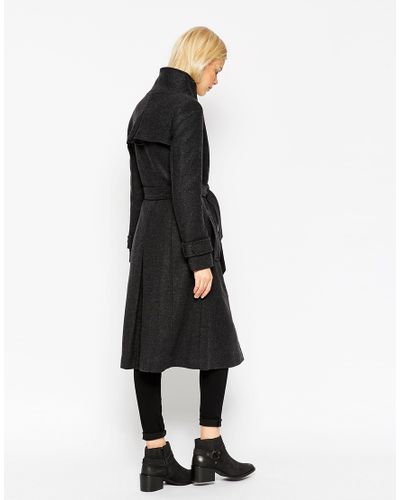 ASOS Coat With Funnel Neck And Belt In Wool in Charcoal (Gray) - Lyst
