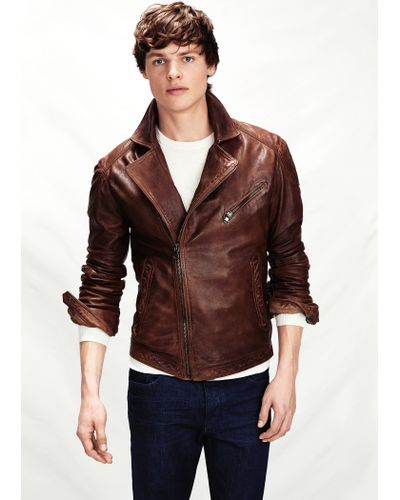 Mango Leather Biker Jacket in Brown for Men | Lyst