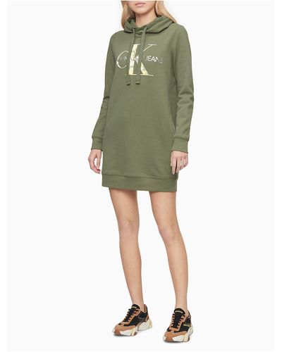 Calvin Klein Cotton Metallic Monogram Logo Sweatshirt Dress in Green - Lyst