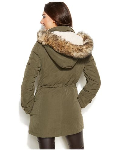 DKNY Hooded Faux-Fur-Trim Parka Coat in Green | Lyst