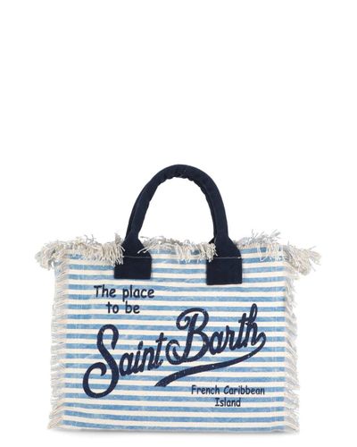 Mc2 Saint Barth Cotton St. Barths Printed Frayed Tote Bag in Blue - Lyst