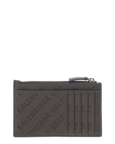 Balenciaga Leather Allover Logo Zipped Card Holder in Grey (Gray 