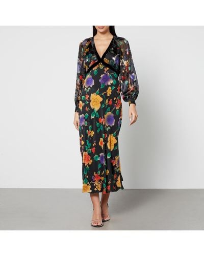 RIXO London Ayla Floral-print Silk Midi Dress - Black