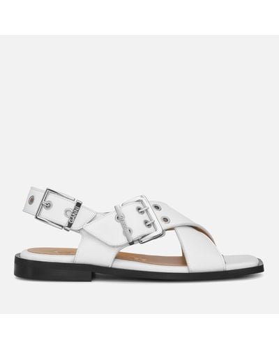 Ganni Faux Leather Buckle Cross Strap Sandals - White