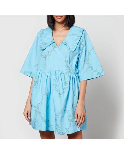 Ganni X Coggles Floral-Print Organic Cotton Wrap Dress - Blue