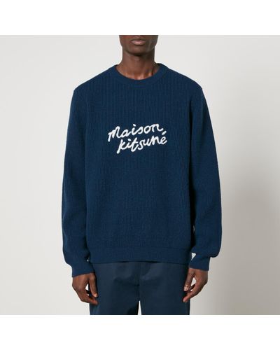 Maison Kitsuné Handwriting Waffle-Knit Wool Sweater - Blue