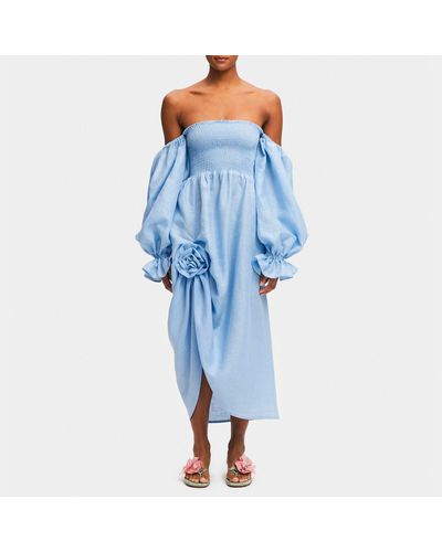 Sleeper Atlanta Rosette Linen Dress - Blue
