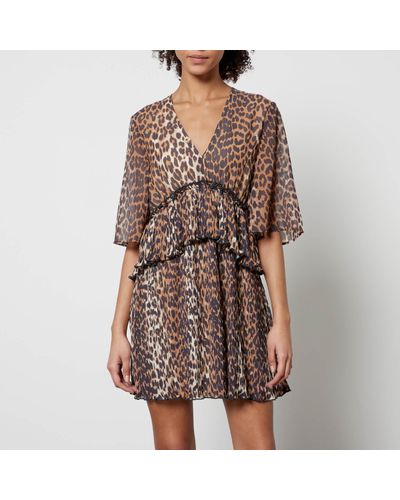 Ganni Ruffled Leopard-Print Chiffon Mini Dress - Brown