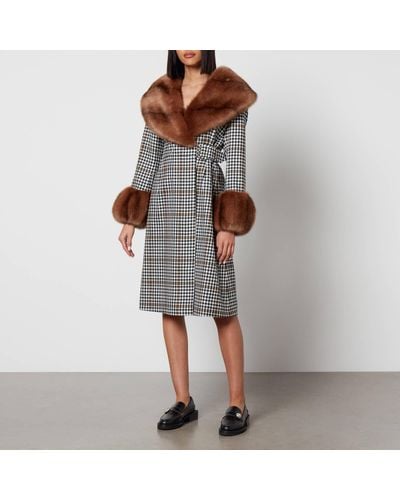 Shrimps Maude Houndstooth Wool And Faux Fur Coat - Brown