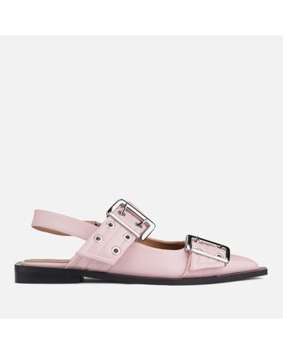 Ganni Buckled Leather Flat Shoes - Pink