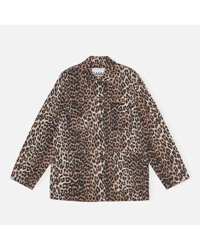 Ganni Washed Cotton Canvas Leopard Print Jacket - Gray