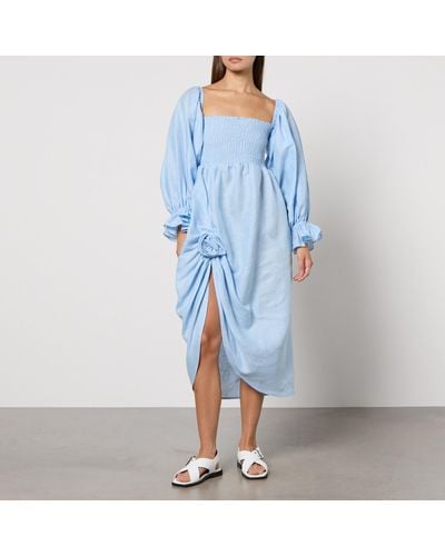 Sleeper Atlanta Rosette Linen Dress - Blue