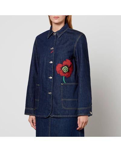 KENZO Poppy Detail-Embroidered Denim Jacket - Blue