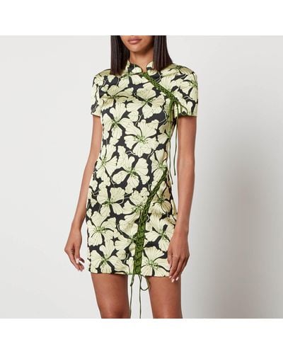 De La Vali Trapeze Floral-Print Satin Mini Dress - Green