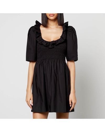 Ganni Cotton Poplin Open-Neck Smock Mini Dress - Black