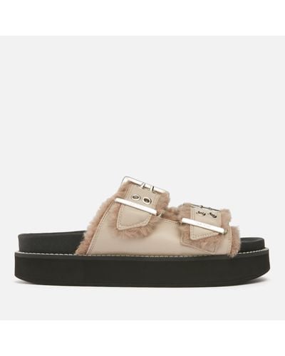 Ganni Buckled Faux Fur-Lined Leather Sandals - Brown