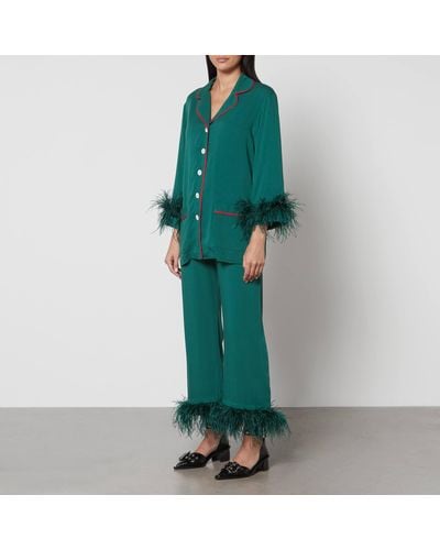Sleeper Feather-Trimmed Woven Party Pajama Set - Green