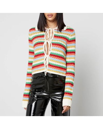 Kitri Evie Striped Crocheted Cotton-Blend Top - Black