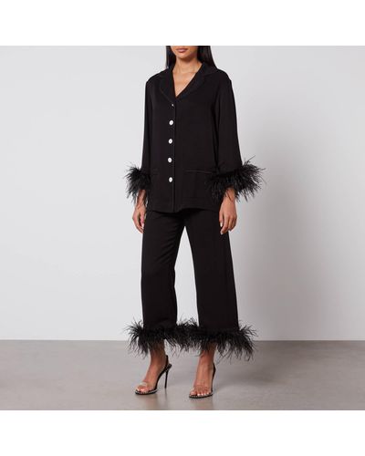 Sleeper Party Feather-Trimmed Crepe De Chine Pajama Set - Black