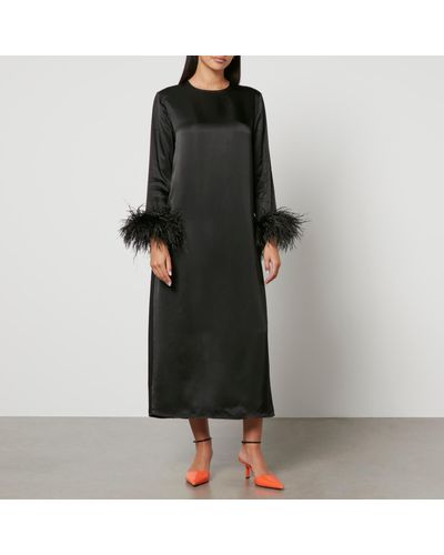 Sleeper Suzi Feather-Trimmed Satin Maxi Dress - Black
