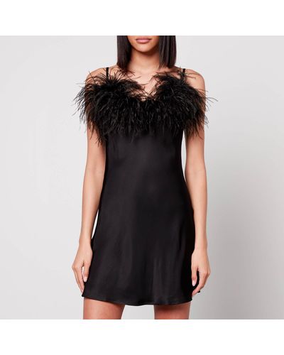 Sleeper Boheme Feather-Trimmed Satin Mini Dress - Black