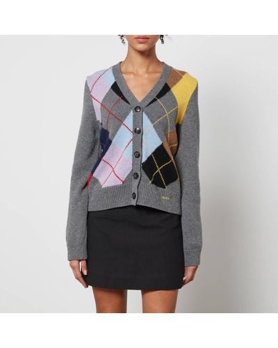 Ganni Harlequin Wool Mix Knit Cardigan - Gray