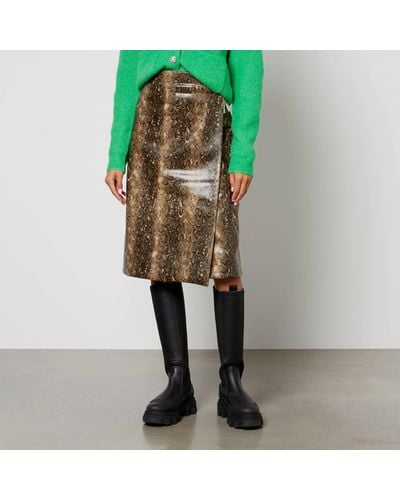 Ganni Snake-Print Faux Leather Wrap Midi Skirt - Brown