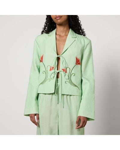Kitri Cressida Floral-Embroidered Lenzing Tencel Lyocell-Blend Blazer - Green
