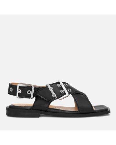 Ganni Faux Leather Buckle Cross Strap Sandals - Black