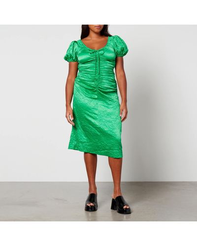 Ganni Crinkled Cotton-Satin Midi Dress - Green