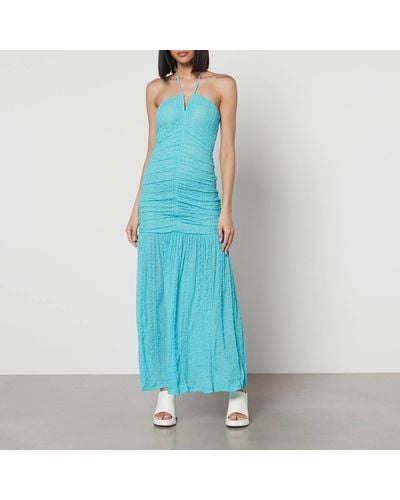 Ganni Stretch-Mesh And Lace Halterneck Dress - Blue
