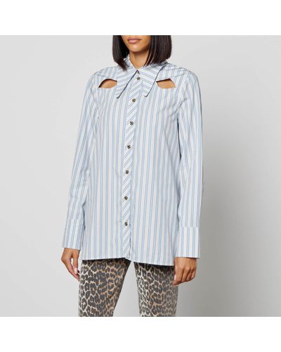 Ganni Cutout Striped Organic Cotton-Poplin Shirt - Blue