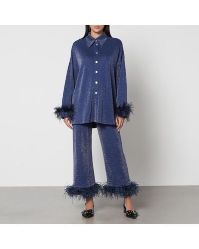 Sleeper Feather-Trimmed Lurex Party Pajama Set - Blue