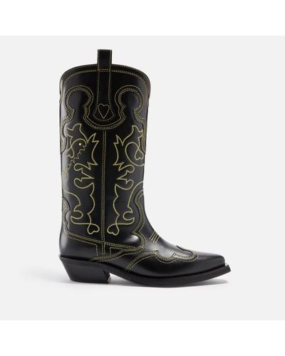 Ganni Embroidered Western Boots - Black