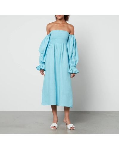 Sleeper Atlanta Shirred Linen Off-The-Shoulder Dress - Blue